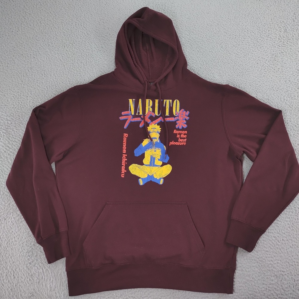 Naruto Shippuden Hoodie Mens Large Burgundy Graphic Pullover Anime Ramen Fleece